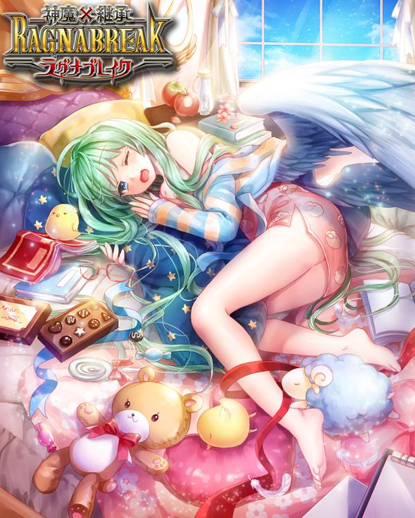 1girl, angel, angel_wings, apple, ass, bare_legs, bare_shoulders, barefoot