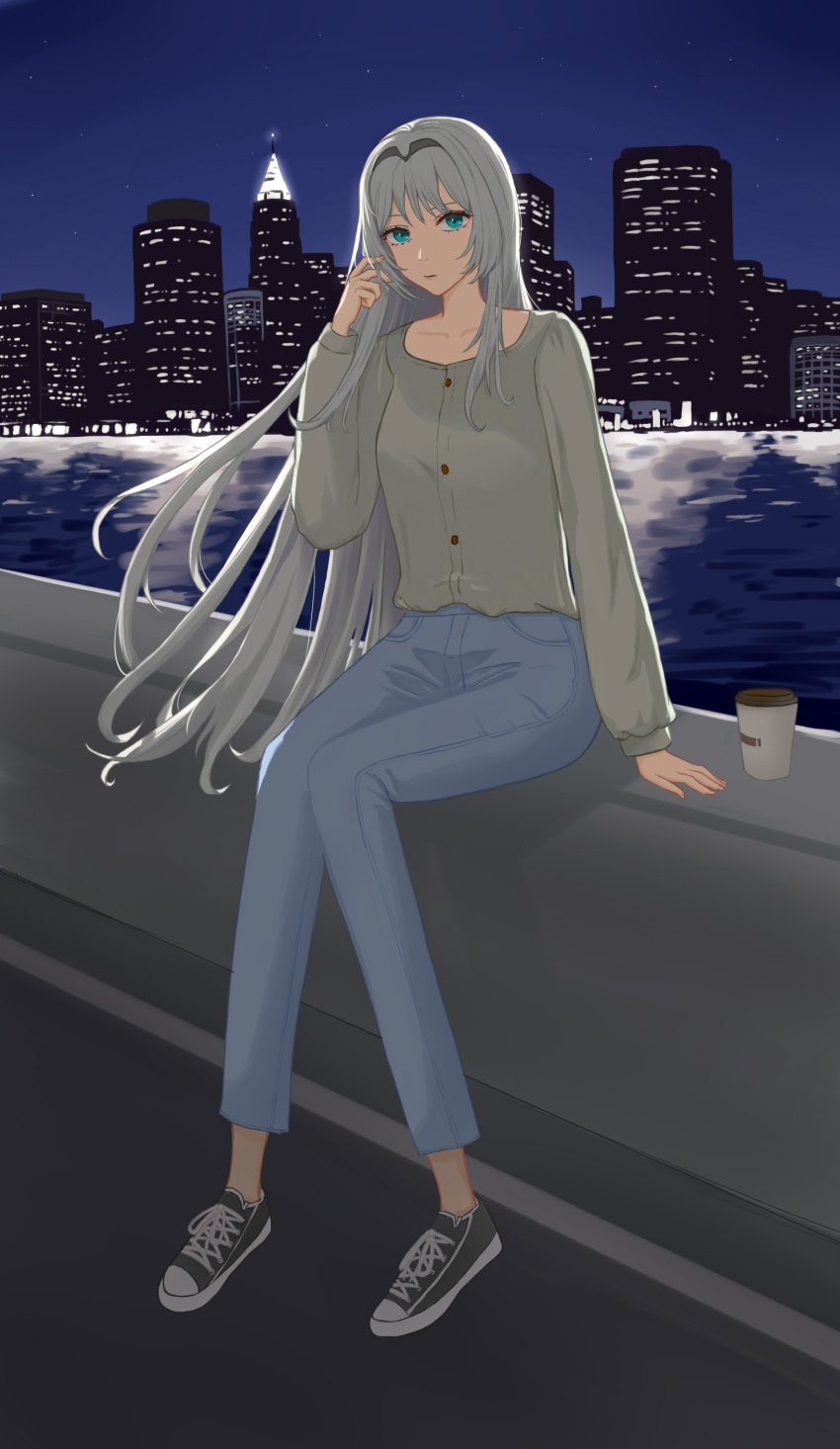 1girl, absurdres, an-94_(girls_frontline), aqua_eyes, city_lights, closed_mouth, coffee_cup, cup