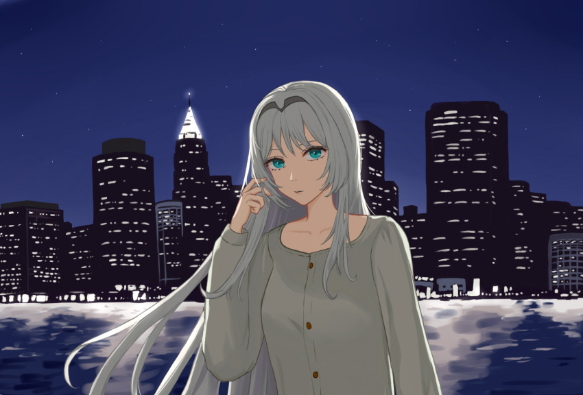 1girl, an-94_(girls_frontline), aqua_eyes, city_lights, closed_mouth, eyebrows_visible_through_hair, girls_frontline, grey_shirt, hairband, hand_in_hair, hanser, highres, long_hair, looking_at_viewer, platinum_blonde_hair, shirt, silver_hair, simple_background, solo