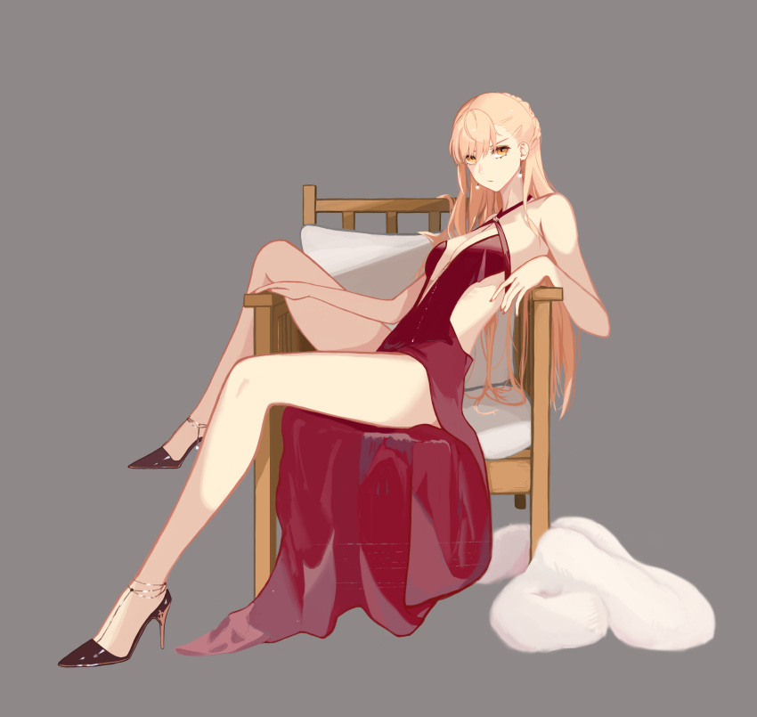 1girl, absurdres, bare_legs, bare_thighs, blonde_hair, braid, breasts, closed_mouth