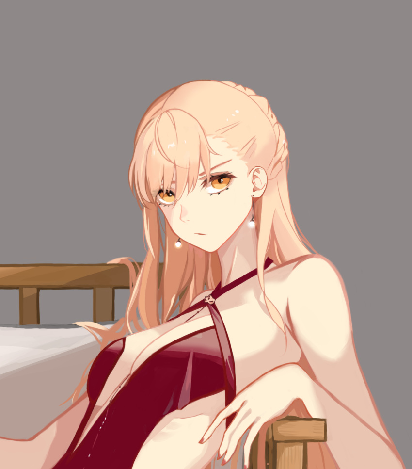1girl, blonde_hair, braid, breasts, closed_mouth, dress, earrings, eyebrows_visible_through_hair