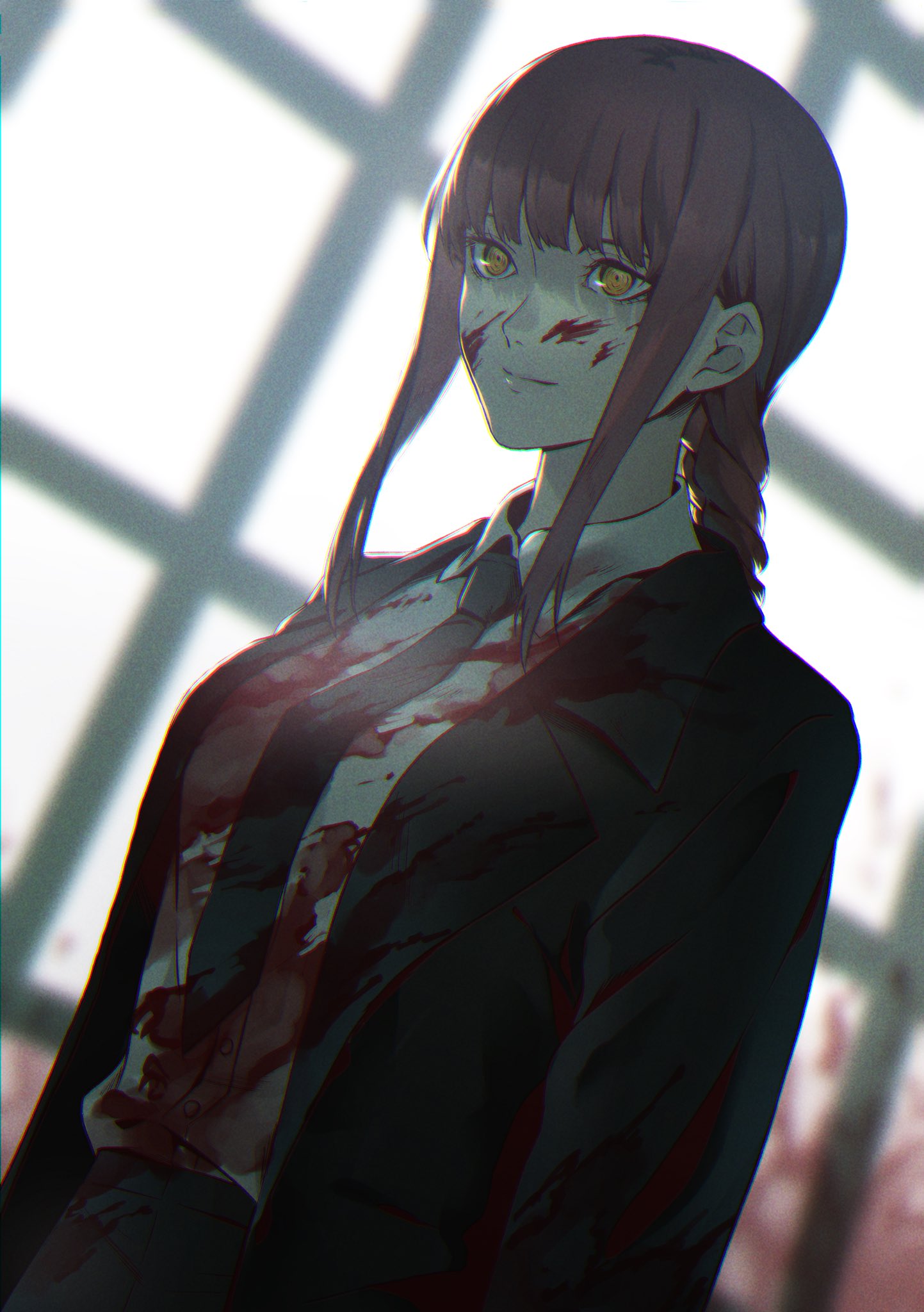 1girl, bangs, black_jacket, black_neckwear, black_pants, blood, blood_on_face, blood_stain