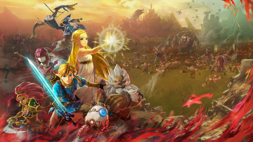 bangs, blonde_hair, blue_eyes, daruk, earrings, fingerless_gloves, fins, fish_girl, gloves, goron, green_eyes, guardian_(breath_of_the_wild), hair_ornament, highres, hyrule_warriors:_age_of_calamity, jewelry, koei_tecmo, link, lizalflos, long_hair, looking_at_viewer, mipha, monster_girl, multicolored, multicolored_skin, nintendo, no_eyebrows, official_art, open_mouth, pointy_ears, princess_zelda, red_skin, revali, rito, soldier_link, the_legend_of_zelda, the_legend_of_zelda:_breath_of_the_wild, urbosa, zora