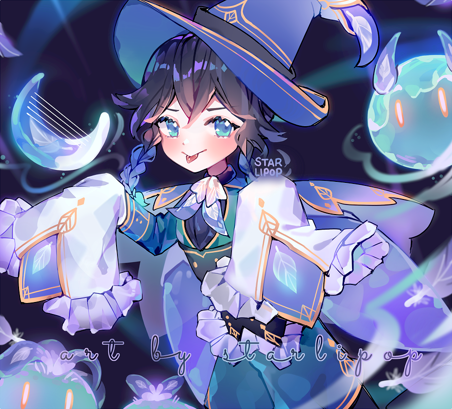 1boy, black_hair, blue_eyes, blue_hair, braid, cape, flower, genshin_impact