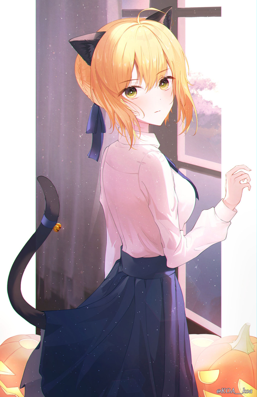 1girl, ahoge, animal_ears, artoria_pendragon_(all), bangs, blonde_hair, blue_ribbon, blue_skirt