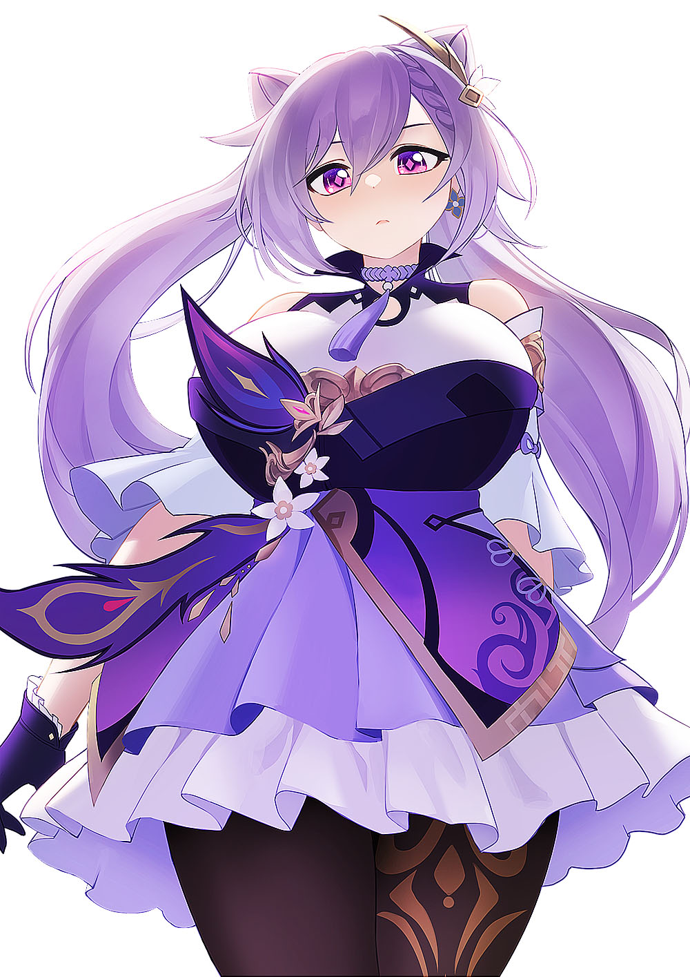 alternate_breast_size, black_legwear, breasts, cowboy_shot, double_bun, frilled_skirt, frilled_sleeves, frills