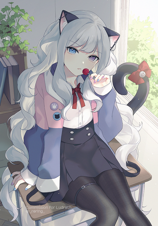 1girl, animal_ear_fluff, animal_ears, arm_support, bangs, bell, black_legwear, black_skirt