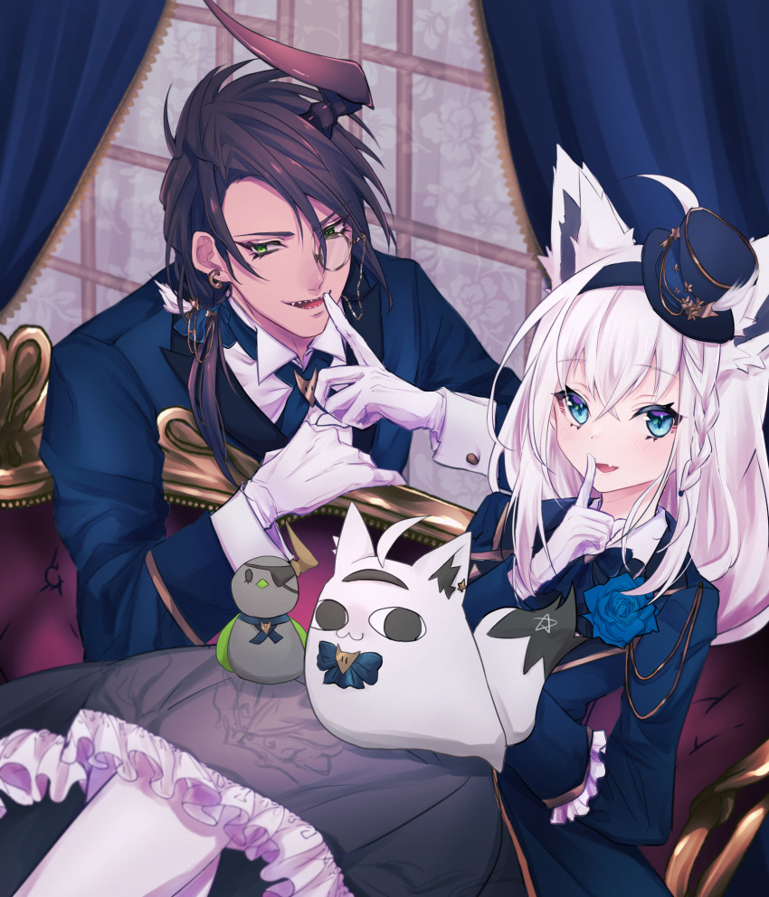 1boy, 1girl, animal_ears, aragami_ouga, bangs, black_hair, black_skirt, blue_flower