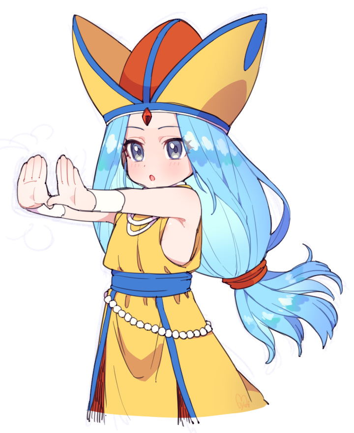 1girl, :o, armpits, blue_hair, dragon_quest, dragon_quest_vii, fosse_(dq7), hat, long_hair, moyori, outstretched_arms, solo, white_background