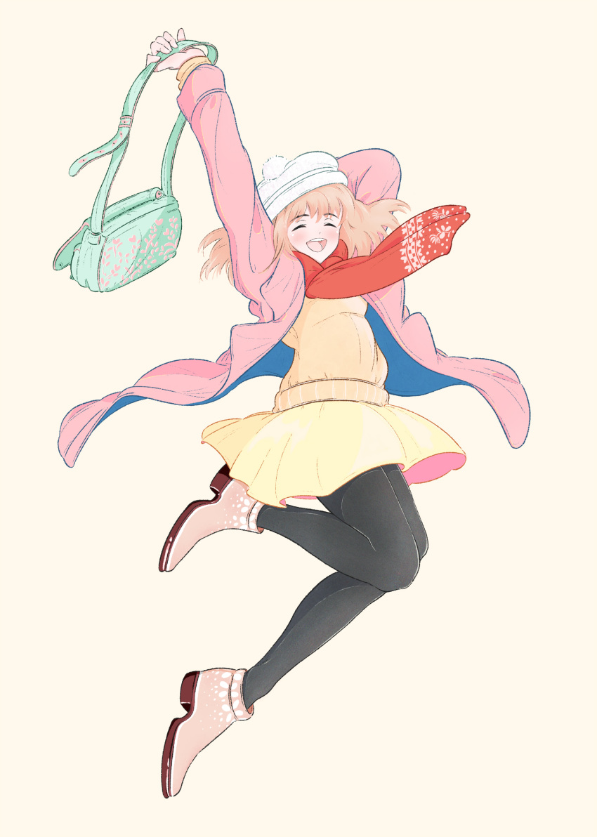 1girl, absurdres, bag, black_legwear, blush, boots, closed_eyes, coat