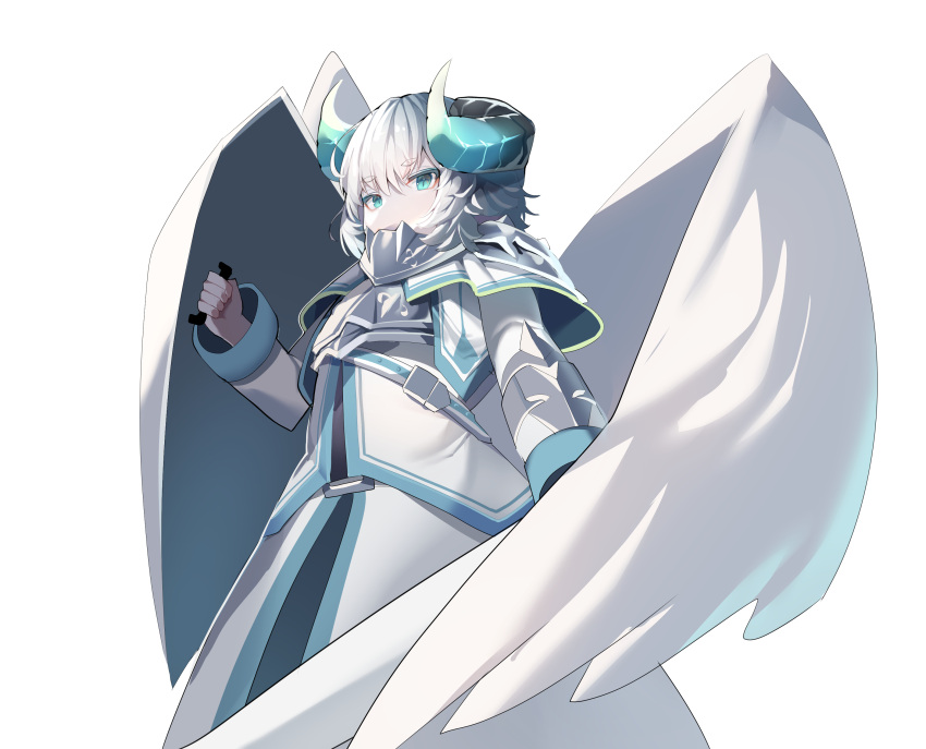 1boy, absurdres, angel_wings, aqua_eyes, armor, breastplate, eyebrows_visible_through_hair, gradient