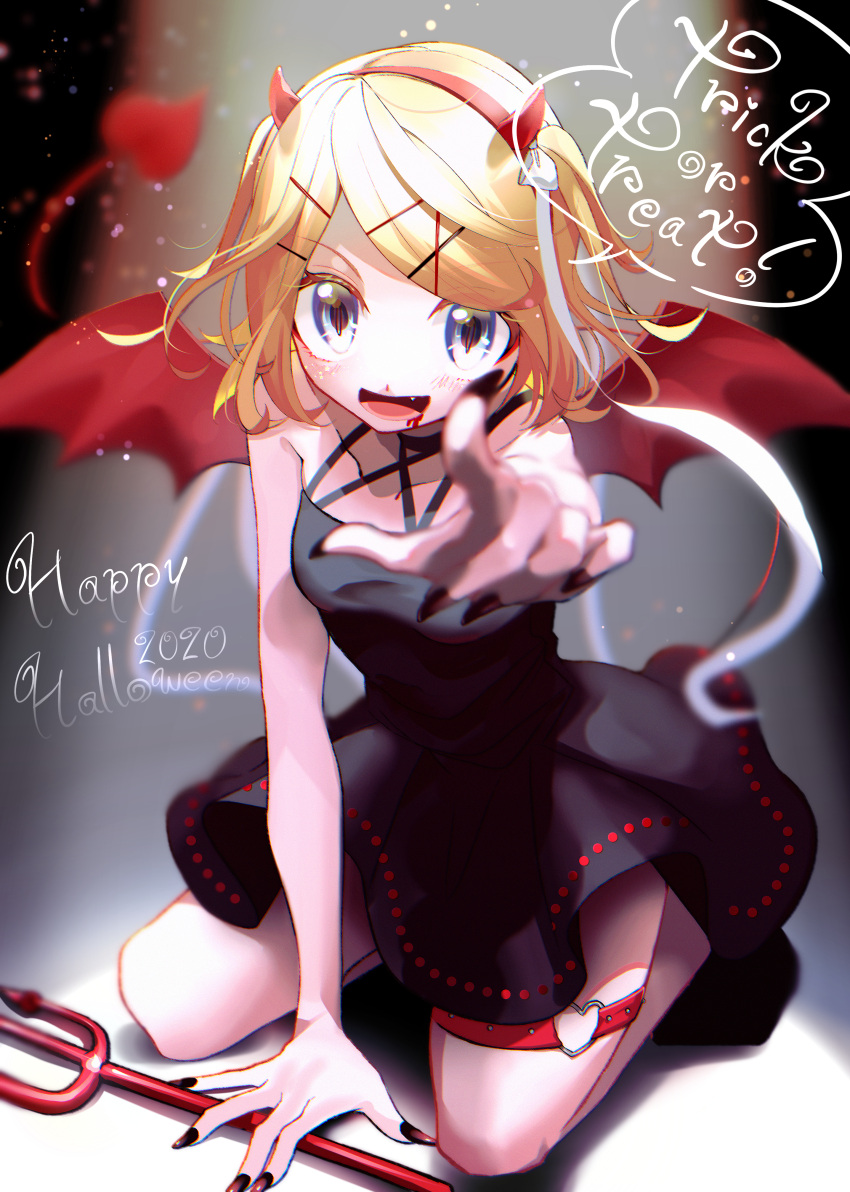 1girl, absurdres, bangs, bare_shoulders, black_background, black_dress, black_nails, blonde_hair