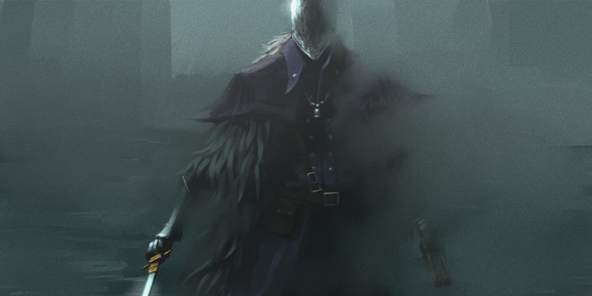 1boy, armor, bell, belt, belt_pouch, bloodborne, bloody_crow_of_cainhurst, cloak