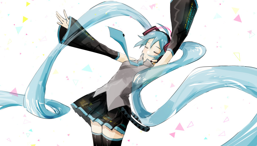 1girl, absurdres, aqua_hair, aqua_nails, aqua_neckwear, arms_up, bare_shoulders, belt, black_legwear, black_skirt, black_sleeves, closed_eyes, commentary, cowboy_shot, detached_sleeves, english_commentary, grey_shirt, hair_ornament, hatsune_miku, headphones, headset, highres, leaning_back, long_hair, miniskirt, nail_polish, necktie, outstretched_arms, pleated_skirt, re_eva, shirt, skirt, sleeveless, sleeveless_shirt, thigh-highs, triangle, twintails, very_long_hair, vocaloid, white_background, zettai_ryouiki