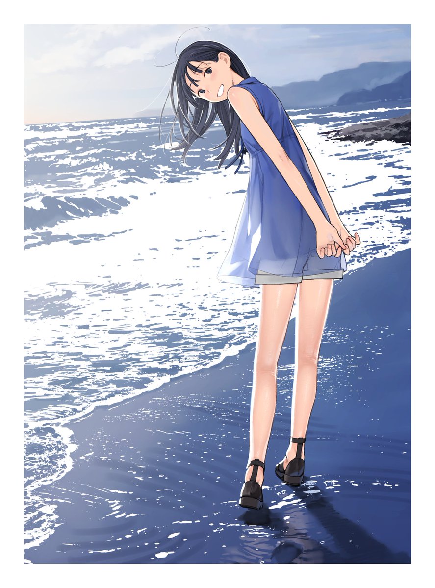 1girl, arms_behind_back, beach, black_hair, blush, border, footprints, full_body, fuyuno_kamome, highres, long_hair, looking_at_viewer, looking_back, original, outdoors, own_hands_together, sand, sandals, sheer_legwear, shirt, shore, shorts, sky, sleeveless, sleeveless_shirt, smile, solo, tights_day, water, white_border
