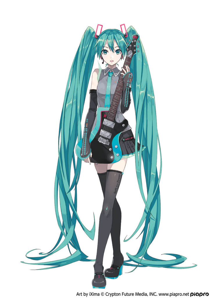1girl, aqua_eyes, aqua_hair, aqua_nails, aqua_neckwear, bare_shoulders, black_legwear, black_skirt