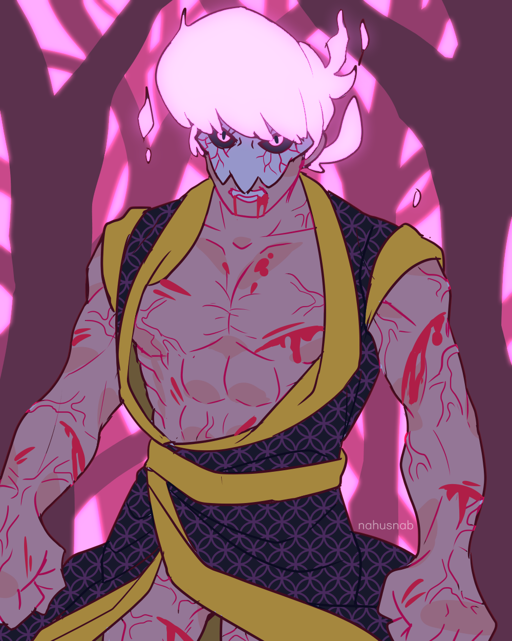 abs, angry, black_sclera, blood, clenched_teeth, cowboy_shot, dark_skin, dark_skinned_male