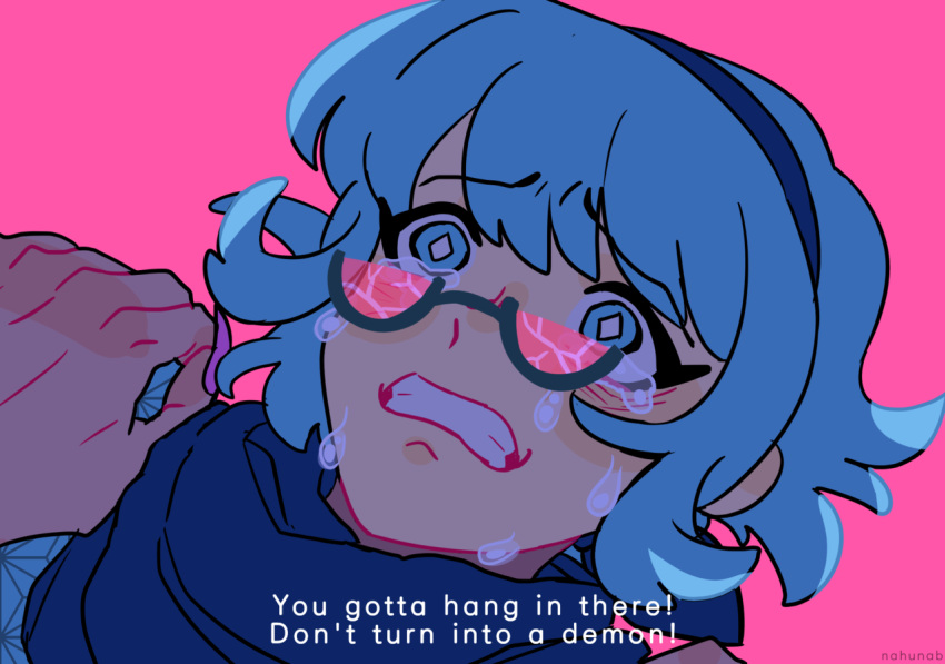 1girl, blue_eyes, blue_hair, blue_scarf, bright_pupils, clenched_teeth, close-up, crying