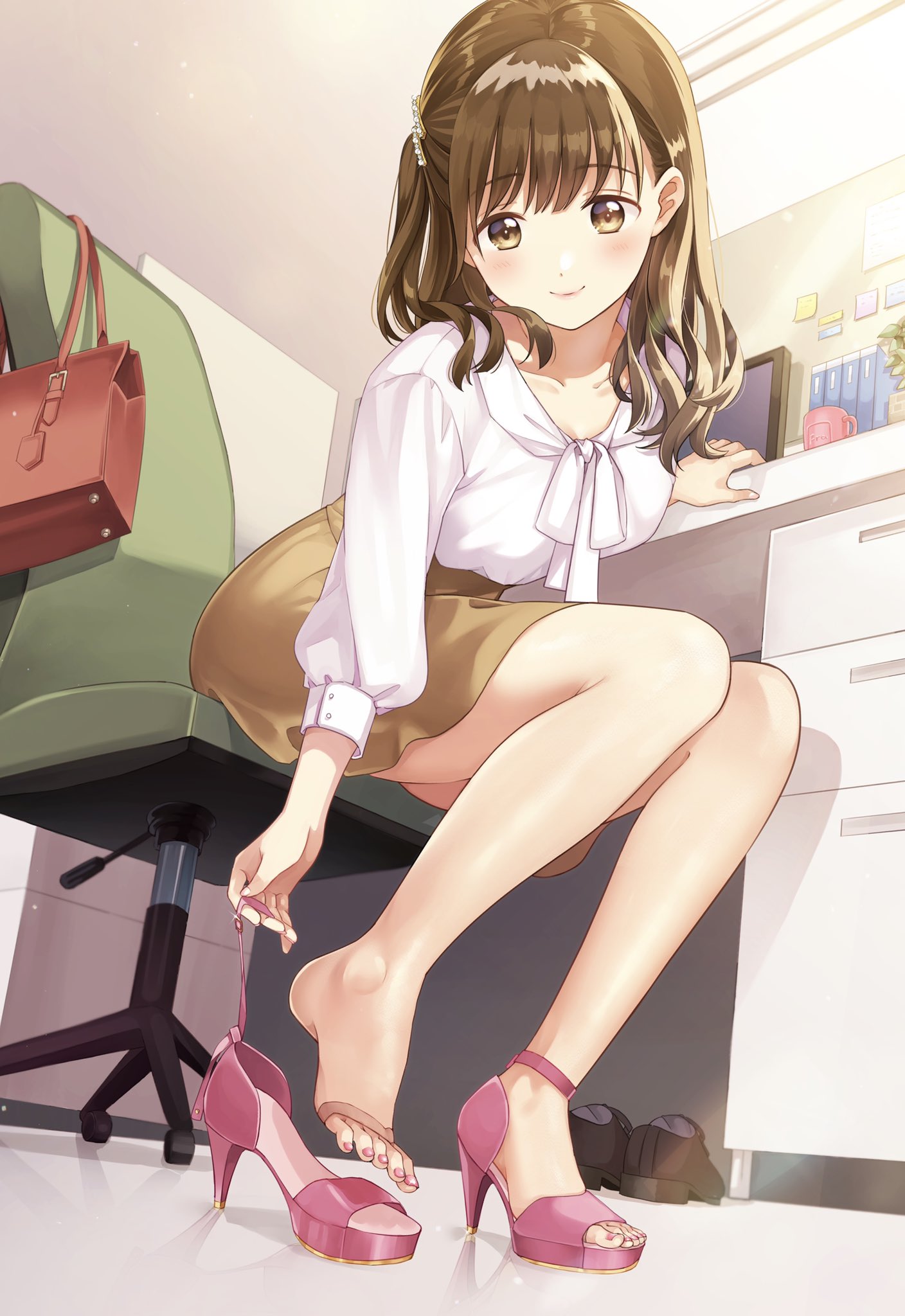 1girl, bag, blouse, blush, brown_eyes, brown_hair, chair, collarbone