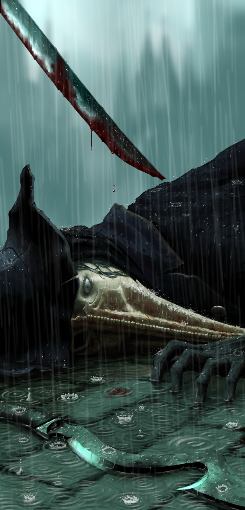 1girl, absurdres, black_eyes, black_hair, black_headwear, blade_of_mercy, blood, blood_stain, bloodborne, bloody_mask, bloody_weapon, broken_mask, chikage_(bloodborne), cloak, coat, dripping, eileen_the_crow, floor, gloves, hat, highres, katana, knife, long_coat, lying, mask, on_stomach, plague_doctor_mask, rain, realistic, ripples, skiba, solo, stone, sword, water, water_drop, weapon, wet