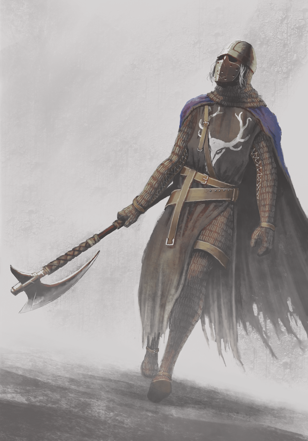 1boy, armor, axe, belt, blue_cape, cape, creighton_of_mirrah, dark_souls_ii