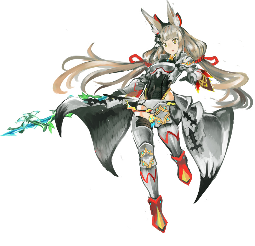 1girl, animal_ears, armor, bravely_default:_flying_fairy, bravely_default_(series), cat_ears, cat_girl, cosplay, edea_lee, edea_lee_(cosplay), highres, long_hair, nia_(blade)_(xenoblade), nia_(xenoblade), silver_hair, sword, tim_(a9243190a), weapon, white_background, xenoblade_chronicles_(series), xenoblade_chronicles_2, yellow_eyes