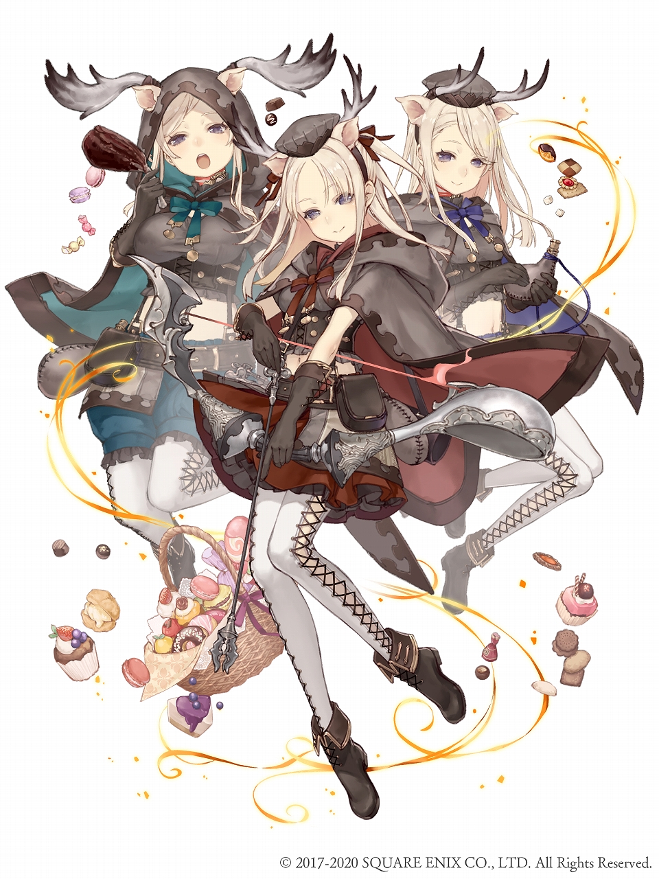 3girls, animal_ears, ankle_boots, antlers, arrow_(projectile), basket, belt, belt_pouch