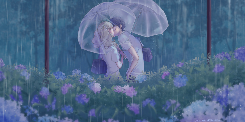 1boy, 1girl, 2020, amamiya_ren, bag, black_hair, blonde_hair, blurry, blurry_background, blurry_foreground, couple, dated, flower, french_kiss, glasses, hand_in_pocket, hetero, highres, hitohada_mahiko, holding, holding_umbrella, kiss, long_hair, outdoors, persona, persona_5, pink_flower, purple_flower, rain, school_bag, shirt, short_hair, short_sleeves, signature, t-shirt, takamaki_anne, transparent, transparent_umbrella, twintails, umbrella, white_shirt