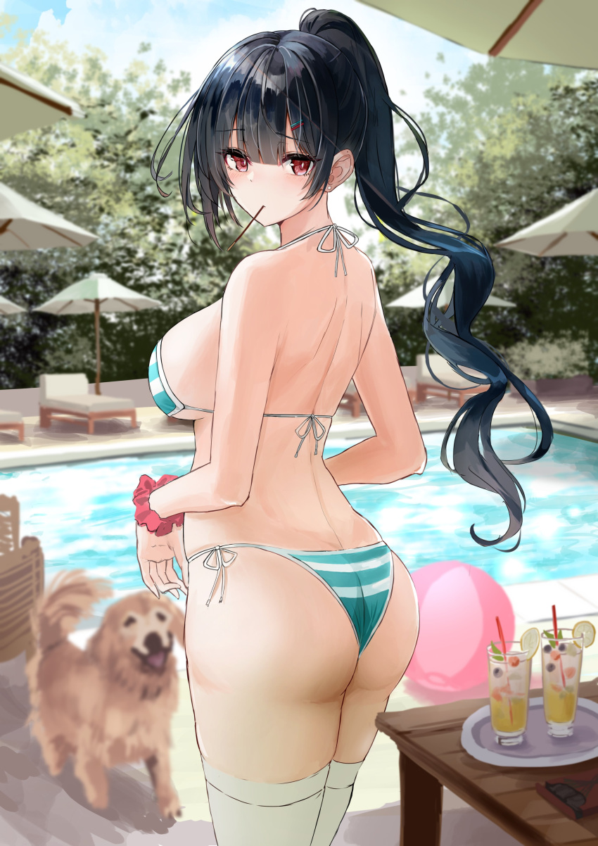 1girl, absurdres, ass, back, ball, bangs, beach_chair, beach_umbrella