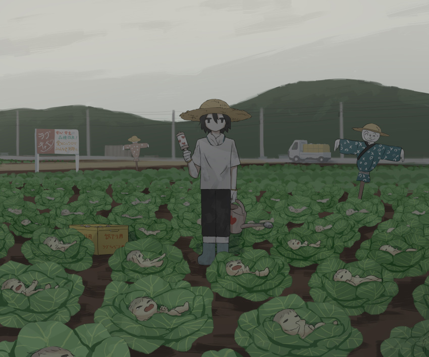 1boy, absurdres, ankle_boots, avogado6, black_pants, blue_footwear, boots, box, cauliflower, day, grey_sky, hand_up, henohenomoheji, highres, hill, holding, holding_toy, jitome, looking_at_viewer, male_focus, no_mouth, original, outdoors, pants, rubber_boots, scarecrow, shirt, short_sleeves, solo, standing, toddler, toy, watering_can, white_shirt