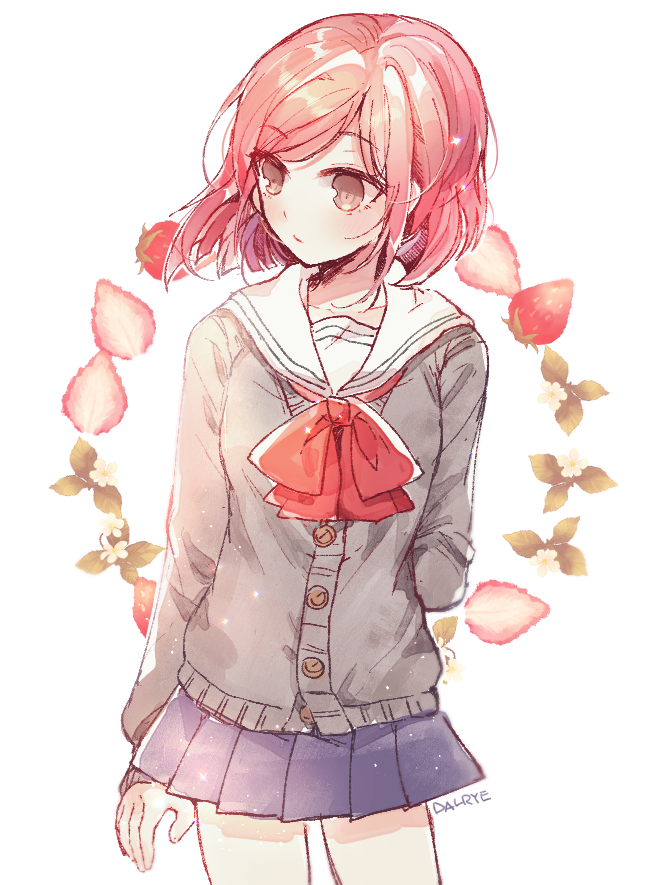 1girl, artist_name, bangs, blue_skirt, blush, cardigan, closed_mouth, collarbone