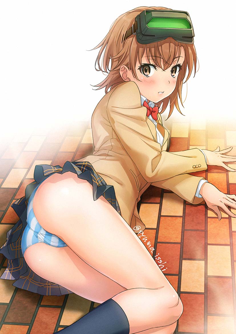 1girl, blush, bow, bowtie, brown_eyes, brown_hair, collared_shirt, goggles