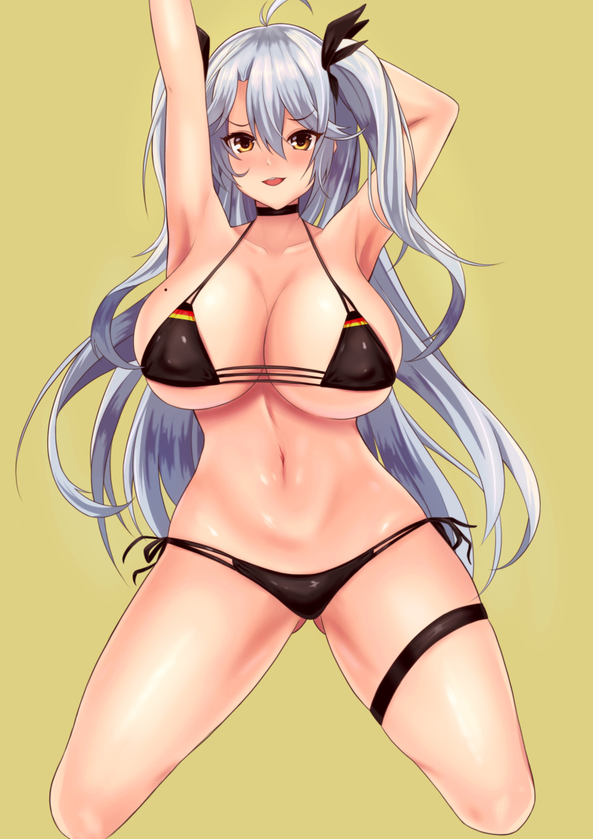 1girl, absurdres, azur_lane, bikini, black_bow, bow, breasts, covered_nipples