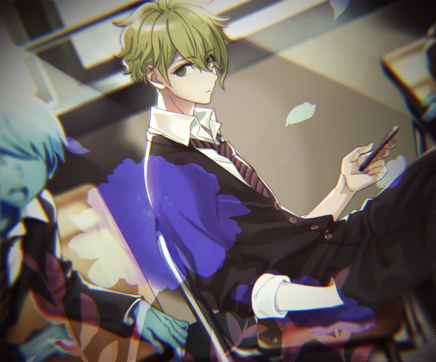 2boys, amami_rantarou, antenna_hair, bangs, black_pants, blonde_hair, blurry, blurry_background