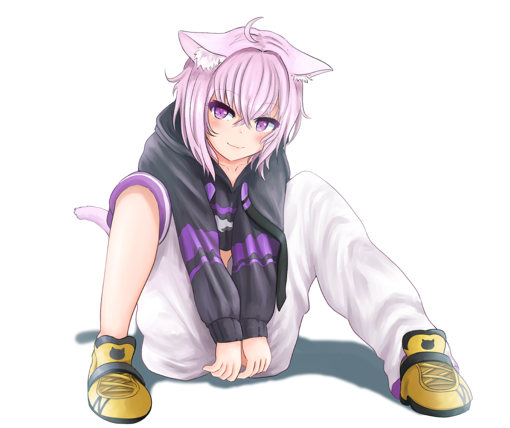 1girl, 99_(hosinosensei), :3, ahoge, animal_ears, arms_between_legs, asymmetrical_pants, baggy_pants