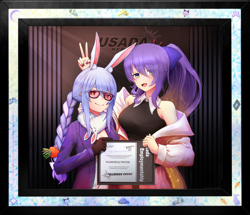 2girls, animal_ears, avengers:_endgame, black_gloves, blue_hair, braid, bunny_ears_prank, carrot_hair_ornament
