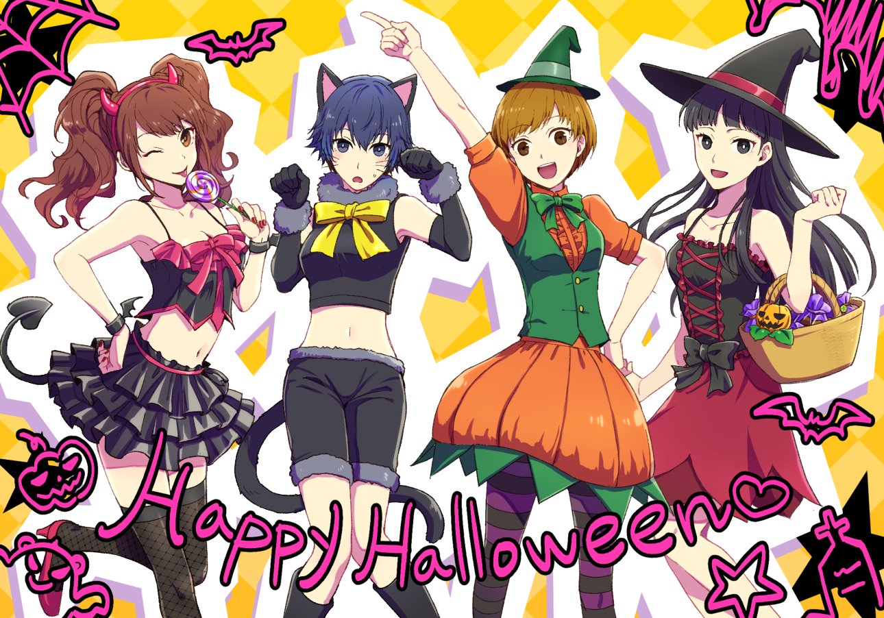 4girls, amagi_yukiko, animal_ears, basket, black_eyes, black_hair, blue_eyes, blue_hair