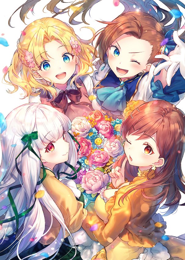 4girls, :d, ;d, arm_up, ascot, asymmetrical_bangs, bangs, black_neckwear