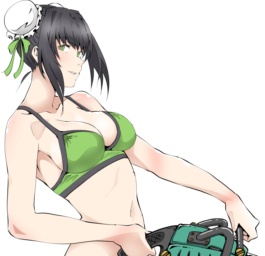 1girl, absurdres, bikini, black_hair, blush, breasts, chainsaw_of_the_dead, collarbone