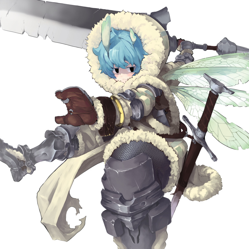 1boy, armor, black_eyes, blue_hair, blush, breastplate, brown_gloves, chainmail