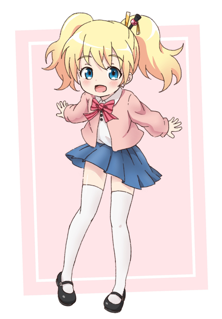 1girl, alice_cartelet, black_footwear, blonde_hair, blue_eyes, blue_skirt, cardigan, cute