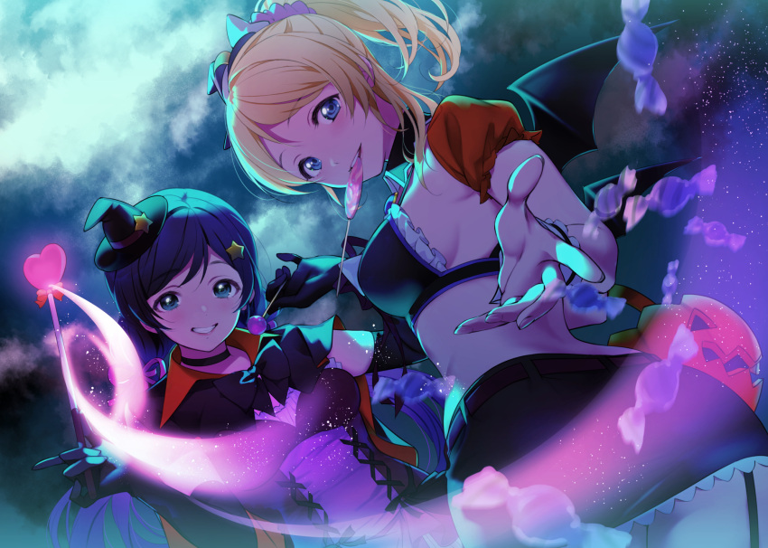 2girls, ayase_eli, bat_wings, bikini, bikini_top, black_skirt, blonde_hair, breasts