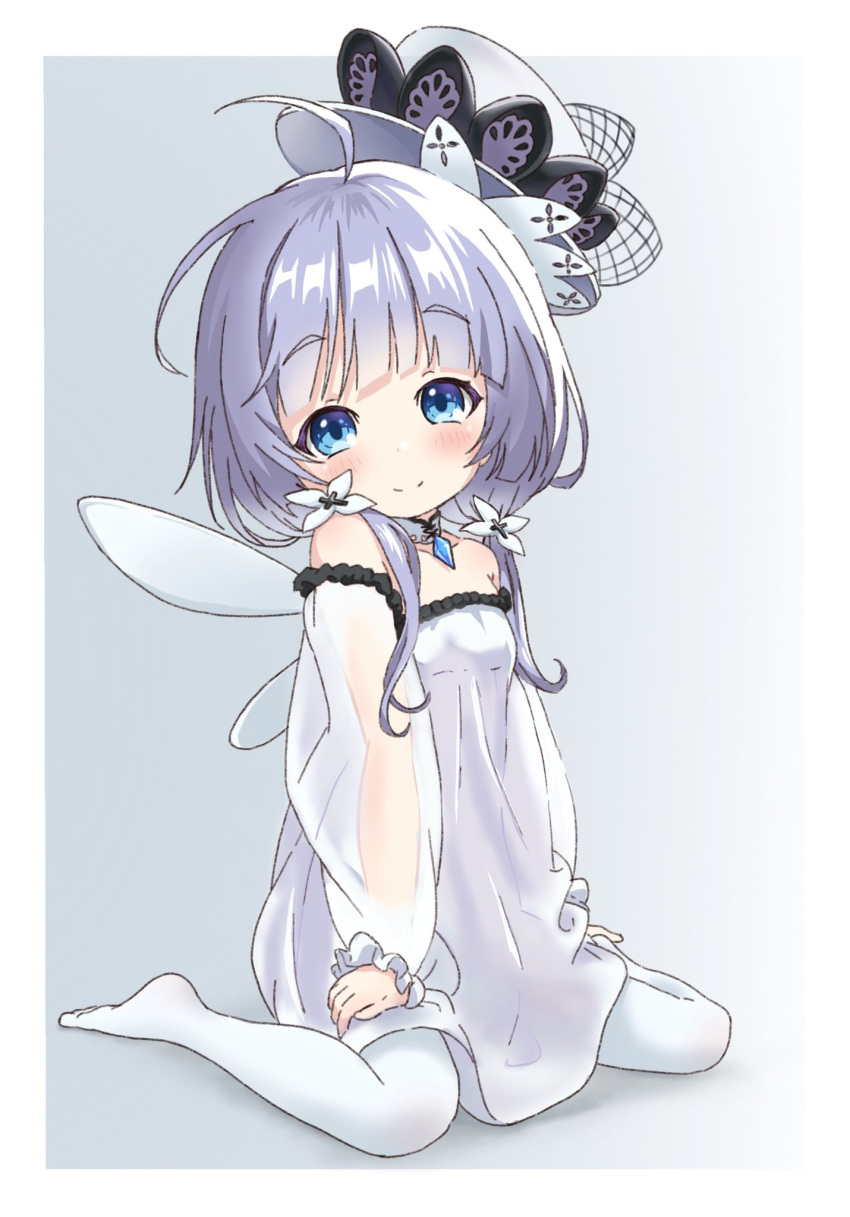 1girl, ahoge, azur_lane, bare_shoulders, blue_eyes, child, dress, fake_wings, full_body, hat, highres, kumaji_(kumazidayo), little_illustrious_(azur_lane), long_hair, looking_at_viewer, low_twintails, pantyhose, silver_hair, simple_background, sitting, smile, solo, strapless, strapless_dress, twintails, white_background, white_dress, white_headwear, white_legwear, wings