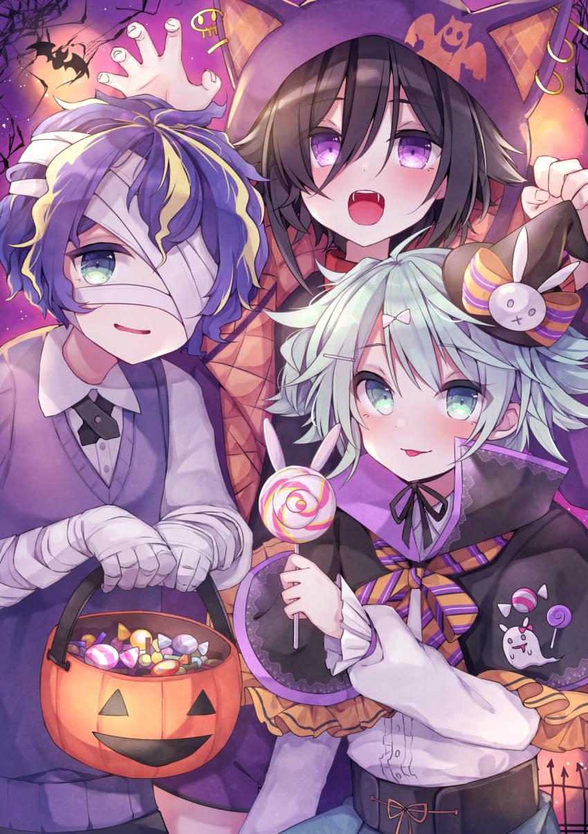 3boys, animal_hood, astel_leda, bandage_over_one_eye, bandaged_arm, bandages, bat, black_cape