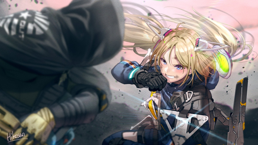 1boy, 1girl, aki_rosenthal, artist_name, bangs, blonde_hair, bob_cut, cosplay