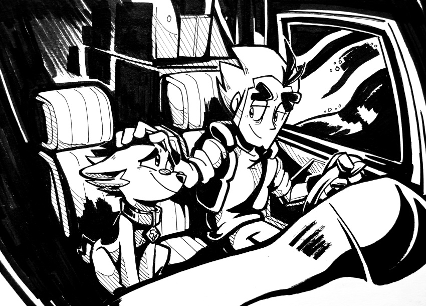 2boys, absurdres, ahoge, animal, arthur_kingsmen, car_interior, chair, collar