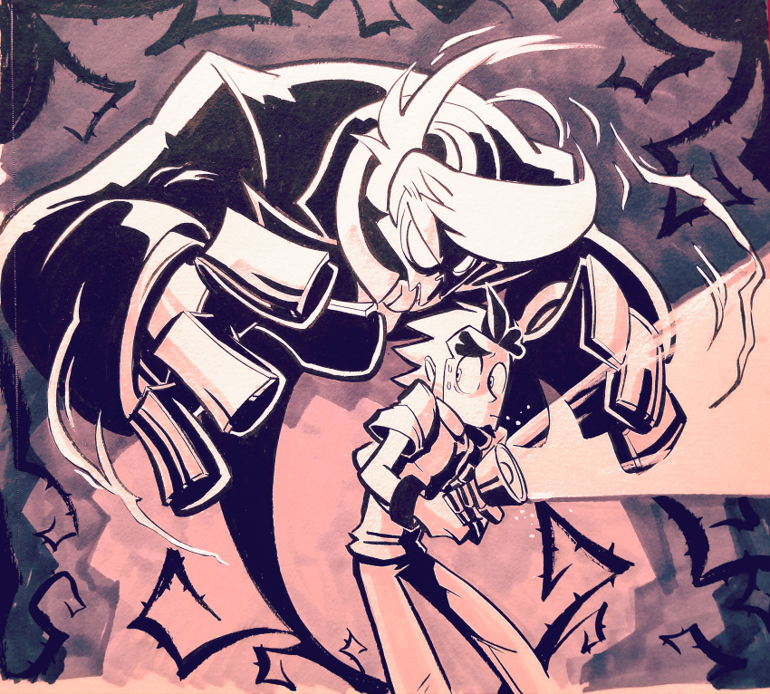 2boys, absurdres, ahoge, arthur_kingsmen, flashlight, ghost, hailey_lain, highres