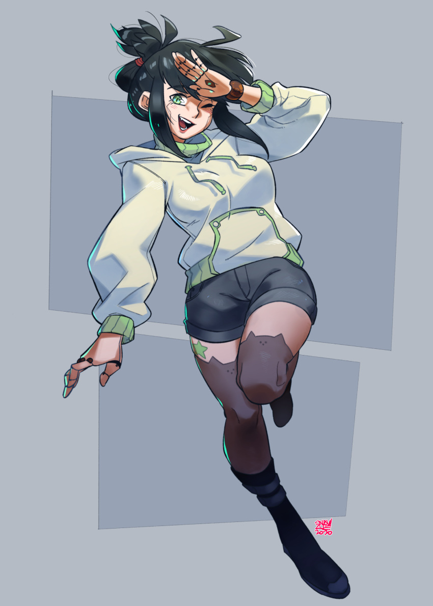1girl, borrowed_character, breasts, english_commentary, fang, green_eyes, highres, hood