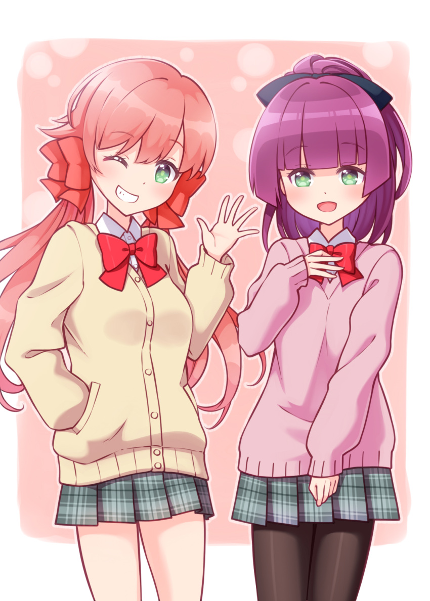 2girls, :d, bangs, black_bow, black_legwear, blunt_bangs, blush, bow