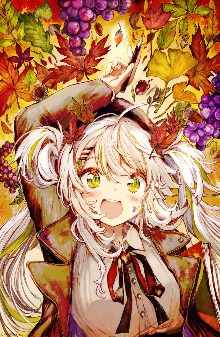 1girl, :d, acorn, ahoge, arm_up, autumn, autumn_leaves, bangs